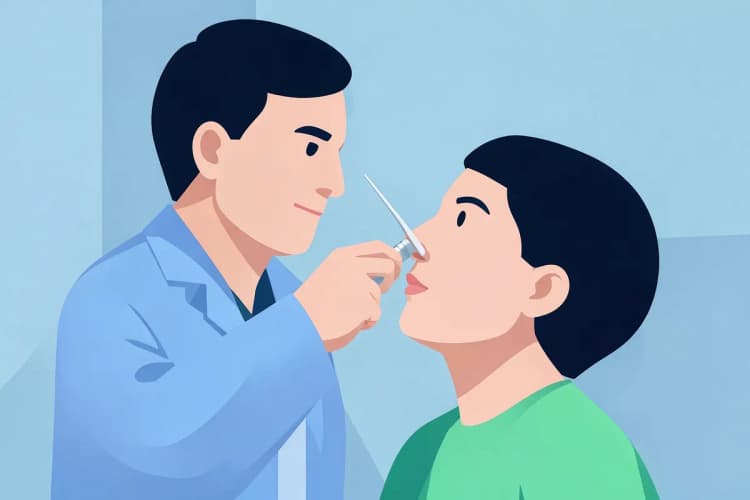 Médico examinando o nariz de um paciente com um espéculo nasal