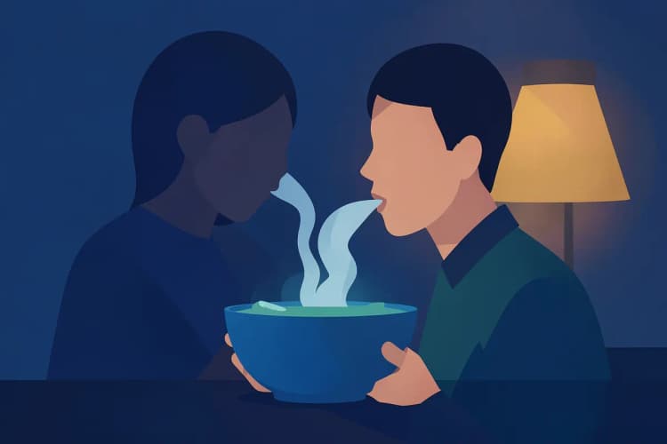Uma pessoa inalando vapor de uma tigela com água quente