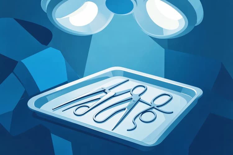 Um cirurgião em sala de operação, com foco nos instrumentos cirúrgicos sobre uma bandeja metálica