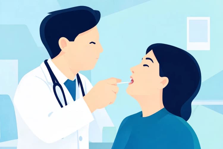 Médico examinando a garganta de um paciente com um abaixador de língua