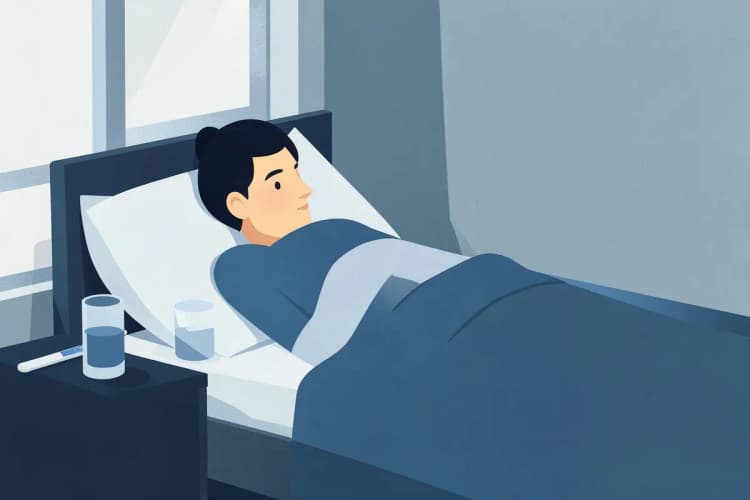 Pessoa descansando na cama com um copo de água e um termômetro ao lado