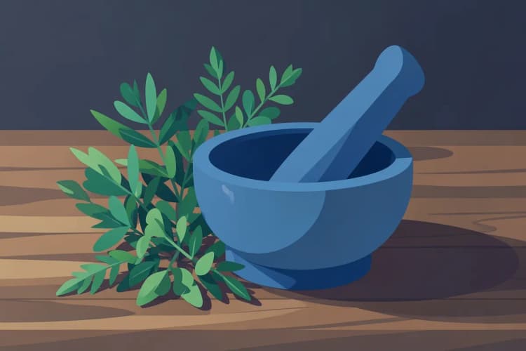 Ervas medicinais e um pilão com um almofariz em uma superfície de madeira