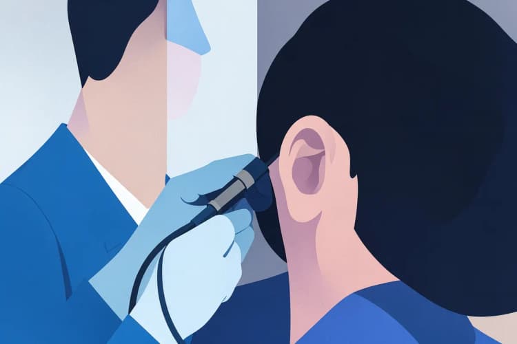 Médico examinando o ouvido de um paciente com um otoscópio.