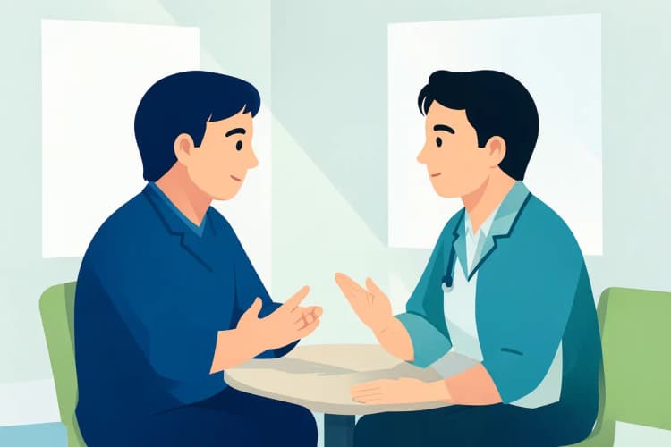 Pessoa conversando com um profissional de saúde em um consultório.