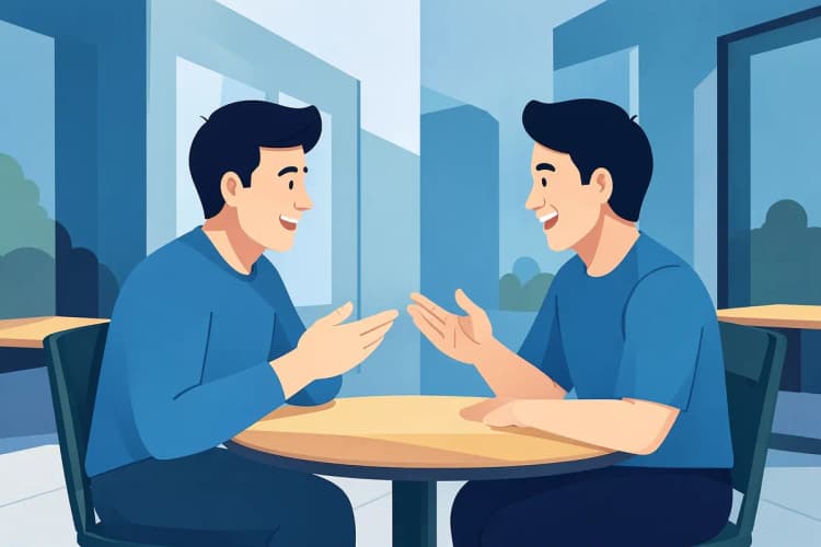 Duas pessoas conversando animadamente em um café, uma delas gesticulando.
