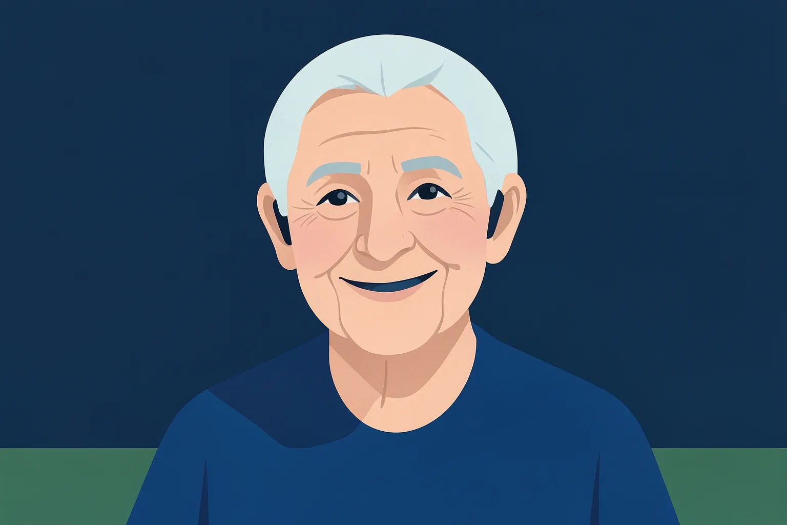 Pessoa idosa sorrindo, usando aparelho auditivo e olhando para a câmera em um ambiente externo claro.