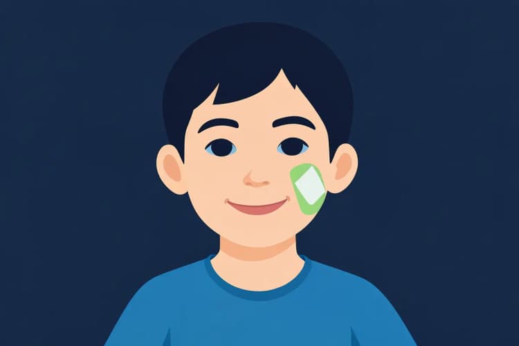 Criança com curativo na bochecha, sorrindo levemente, em plano médio, luz natural, momento pós-operatório inicial