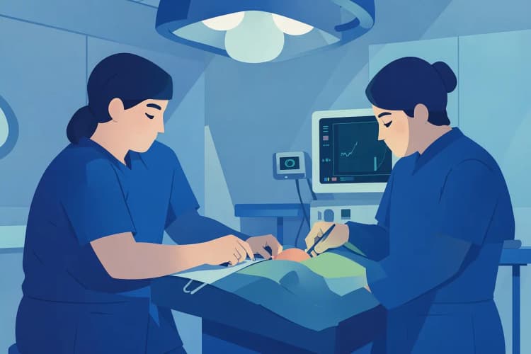 Equipe médica monitorando sinais vitais durante uma cirurgia de adenoide, plano médio, luz cirúrgica, momento de acompanhamento