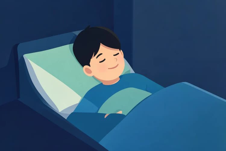 Criança descansando na cama com um sorriso leve, em plano médio, luz suave da manhã, momento de recuperação