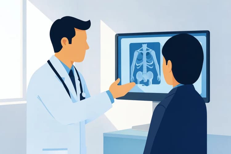 Médico explicando exame para paciente em consultório.