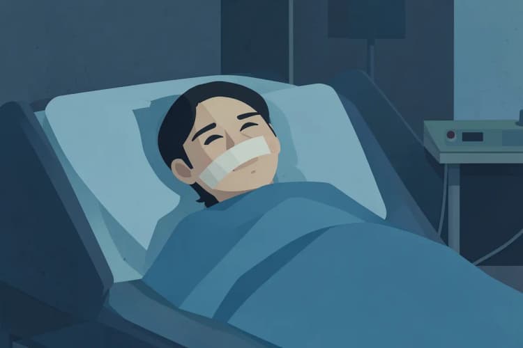Paciente em cama de hospital, com curativo no rosto.