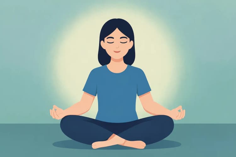 Pessoa meditando com os olhos fechados em ambiente tranquilo.