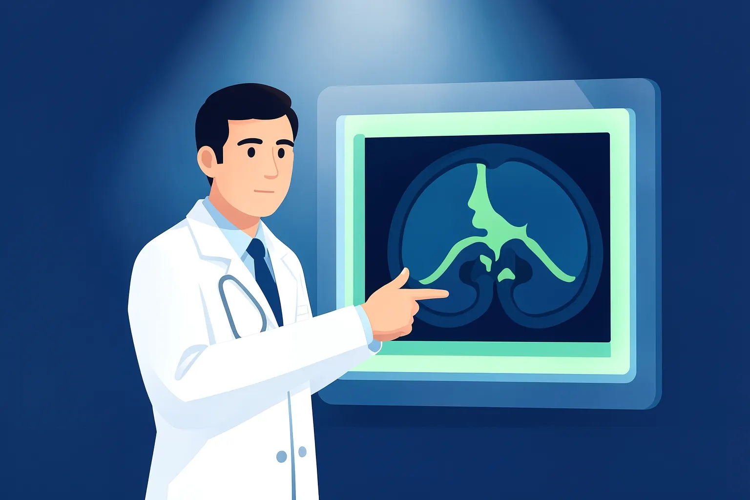 Paciente em consultório médico, com médico apontando para exame de imagem do rosto.