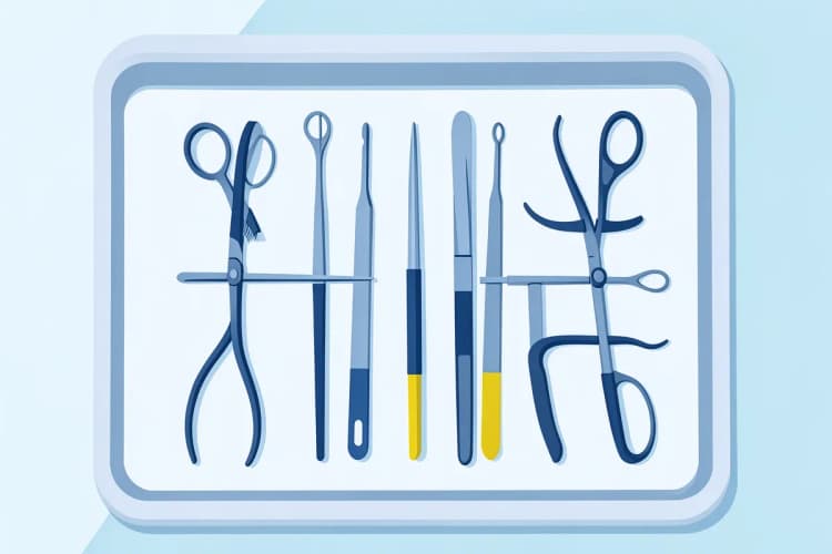 Instrumentos cirúrgicos de otorrinolaringologia dispostos sobre uma bandeja esterilizada