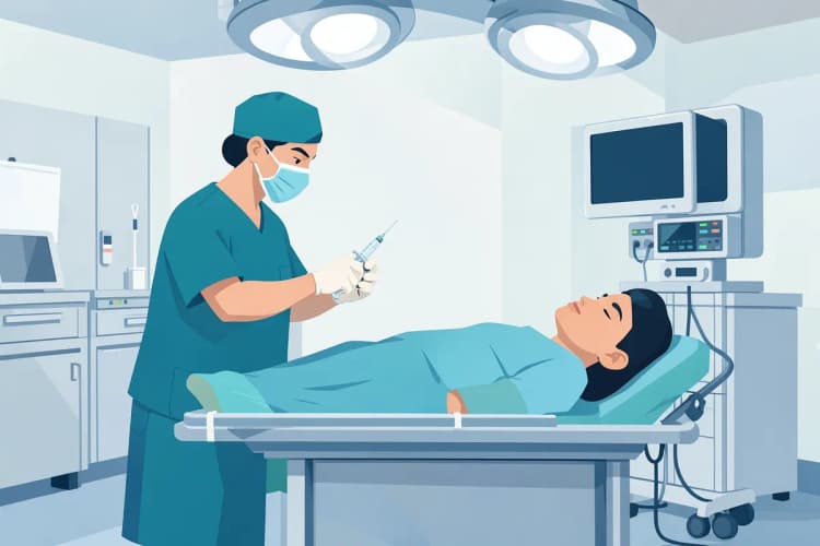 Anestesiologista preparando seringa com medicamento ao lado de paciente deitado em maca cirúrgica