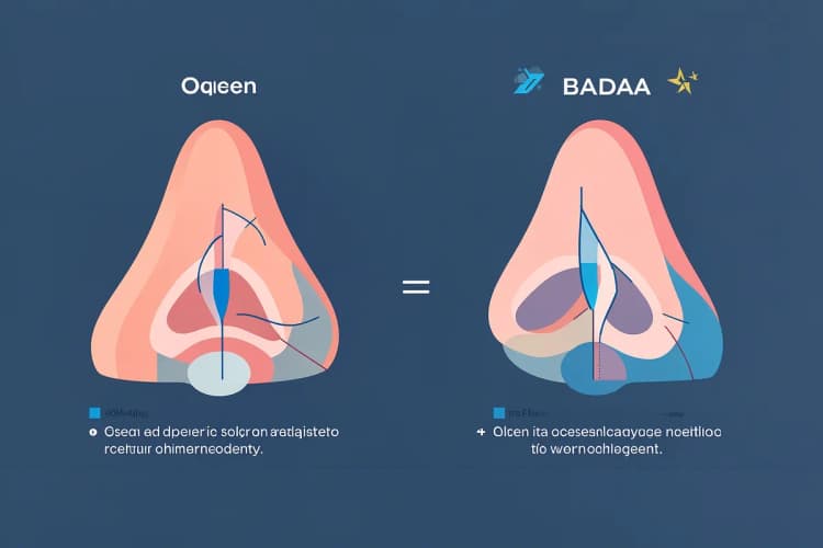 Ilustração médica mostrando as diferentes técnicas de rinoplastia: aberta e fechada