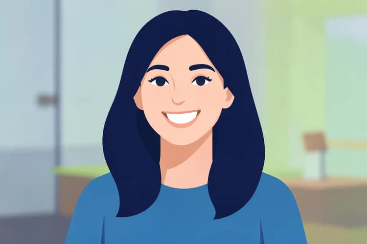Mulher sorrindo confiantemente, com o rosto em plano médio