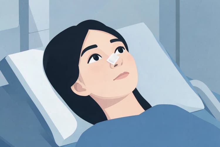 Mulher deitada em cama de hospital, com curativo no nariz, olhando para cima com expressão serena