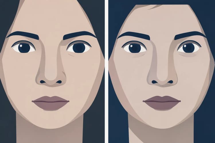 Comparação lado a lado de um nariz antes e depois da rinoplastia, em plano americano.
