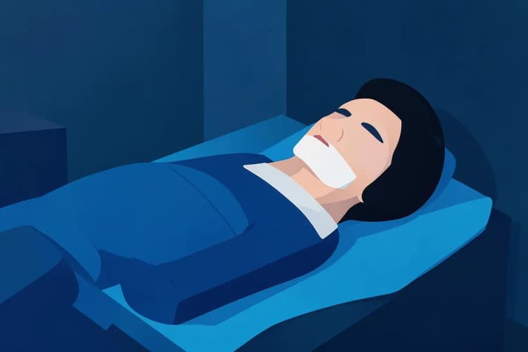 Paciente deitada com curativo no nariz após cirurgia de rinoplastia, em plano geral.