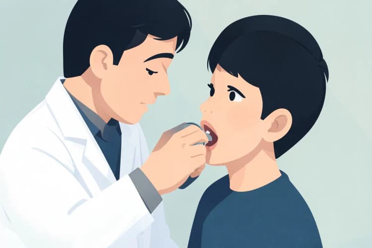 Médico examinando a garganta de uma criança com um pequeno espelho