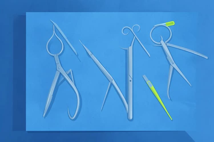 Instrumentos cirúrgicos delicados dispostos sobre um pano esterilizado em uma bandeja