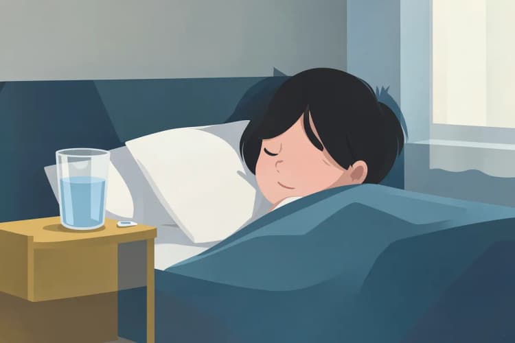 Criança descansando na cama com um copo de água e um termômetro ao lado