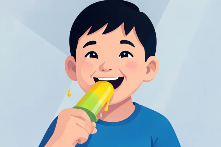 Criança comendo um picolé de fruta refrescante com um sorriso no rosto