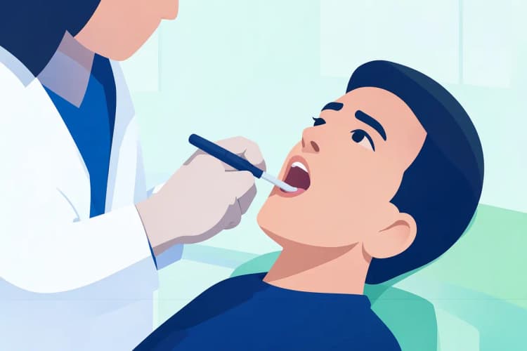 Médico examinando a garganta de um paciente com um abaixador de língua.