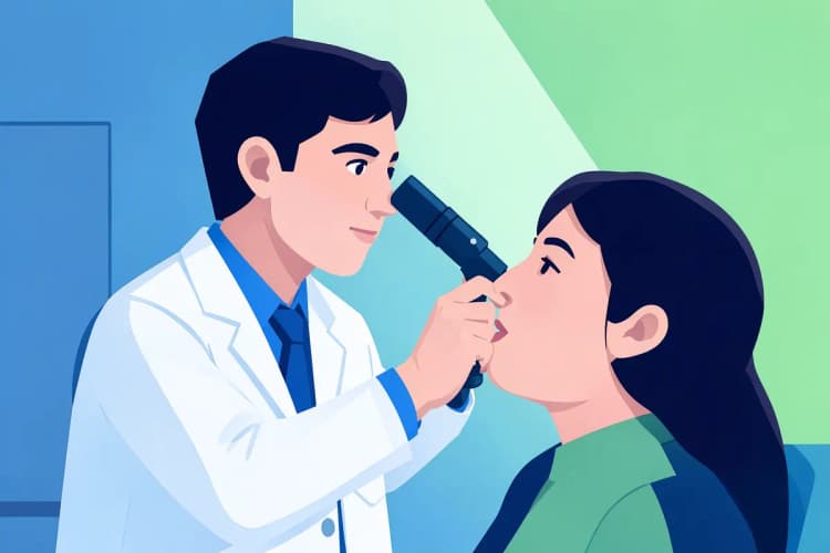 Close-up de um médico examinando o nariz de um paciente com um otoscópio.