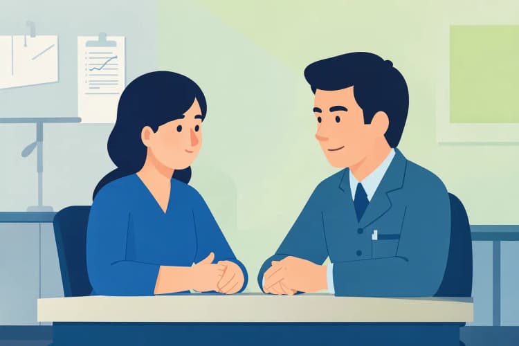 Paciente em consultório médico, conversando com um profissional de saúde sobre sintomas nasais.