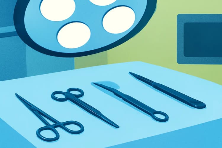 Instrumentos cirúrgicos delicados dispostos sobre um campo cirúrgico esterilizado.