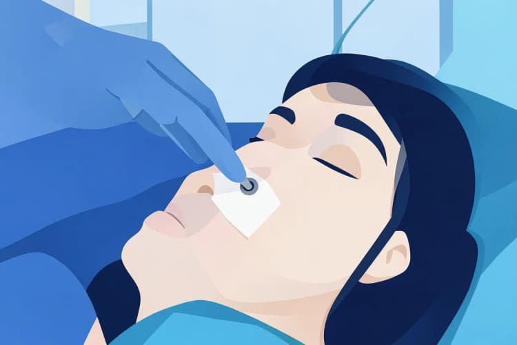 Close-up de um curativo nasal sendo aplicado em um paciente após a cirurgia.