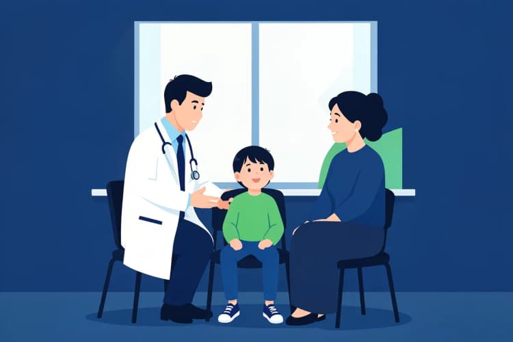 Médico conversando com pais e criança em consultório médico