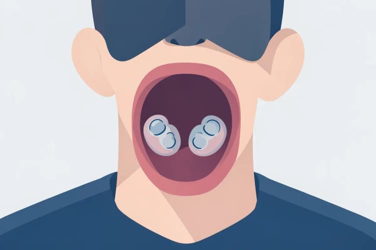 Ilustração médica mostrando a localização das amígdalas na parte de trás da garganta, com setas indicando sua função no sistema imunológico.