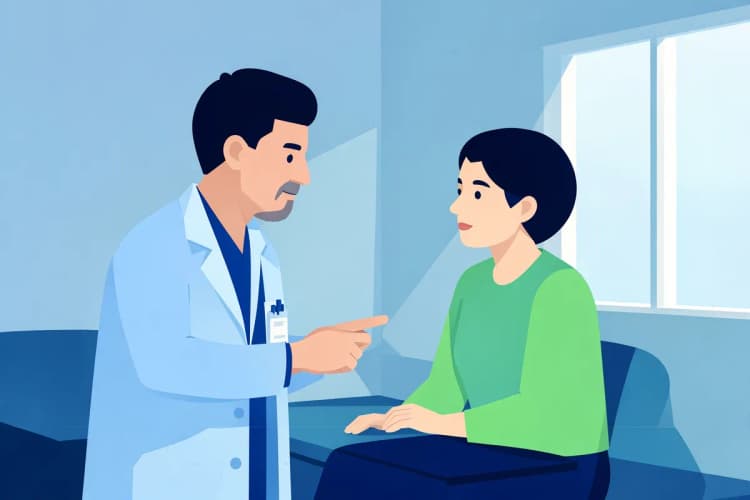 Médico examinando um paciente em um consultório, com foco na conversa sobre o pré e pós-operatório.