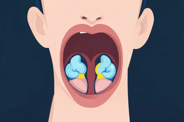 Ilustração médica mostrando a garganta humana com as amígdalas em destaque.