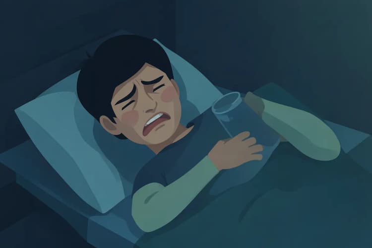 Uma pessoa deitada na cama com uma expressão de dor, segurando um copo d'água.