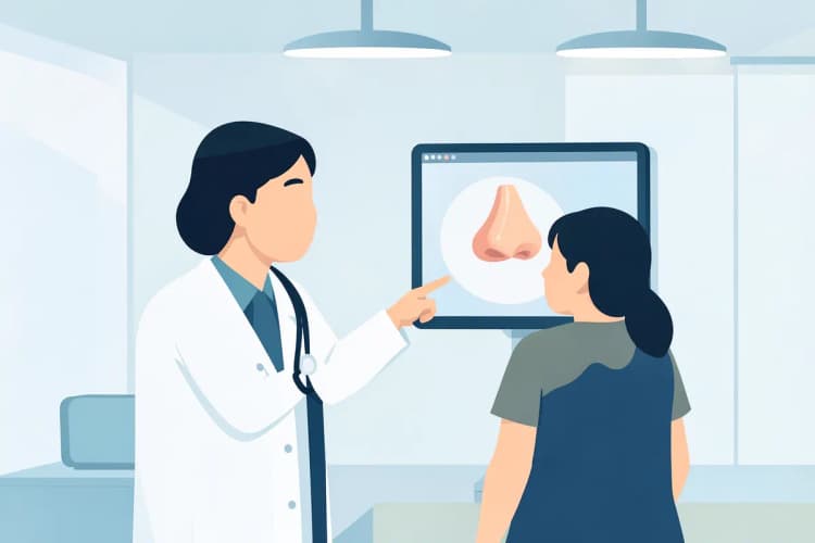 Médico mostrando um modelo 3D de nariz para paciente em consultório.