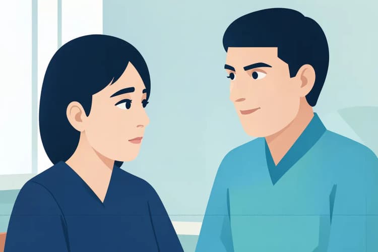Paciente em consulta médica, conversando com o cirurgião sobre o procedimento.