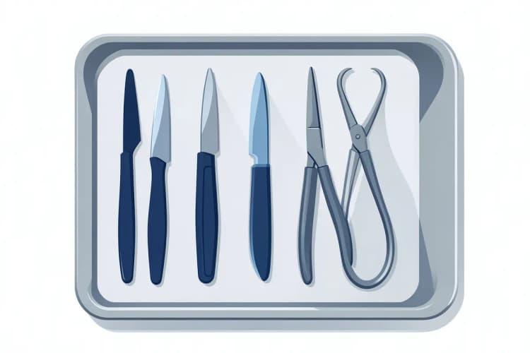 Instrumentos cirúrgicos organizados em uma bandeja esterilizada sobre uma mesa de operação