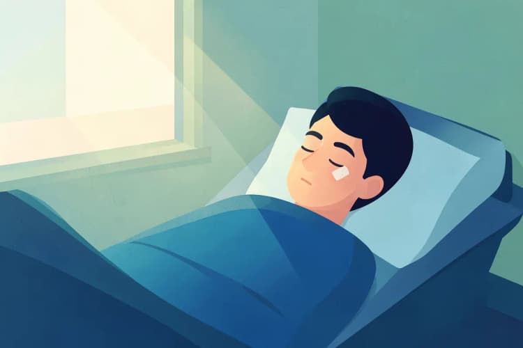 Paciente em repouso na cama do hospital, com um curativo discreto no rosto
